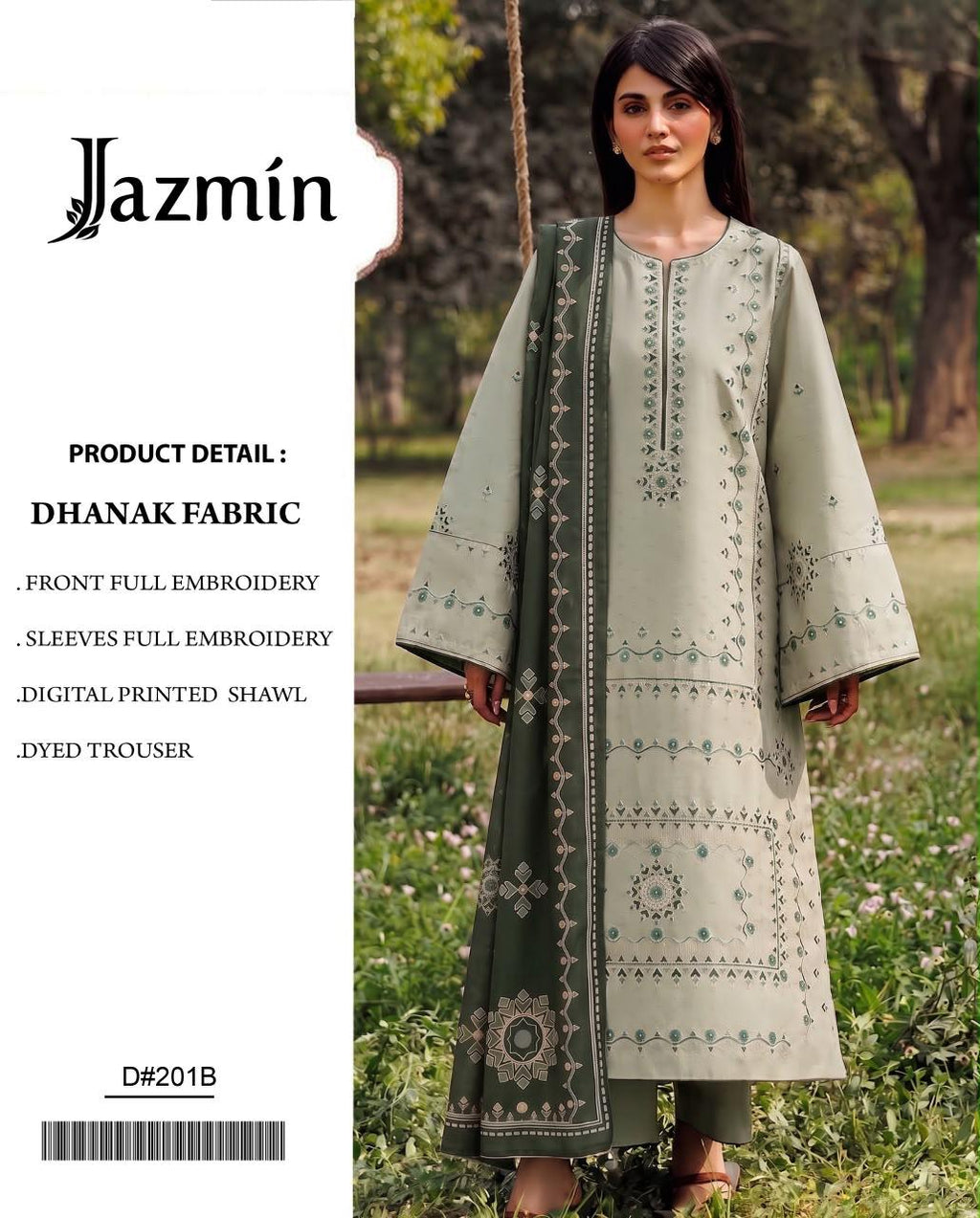 Sage Green Dhanak Embroidered 3 Piece Suit (D#201B) - Product Card