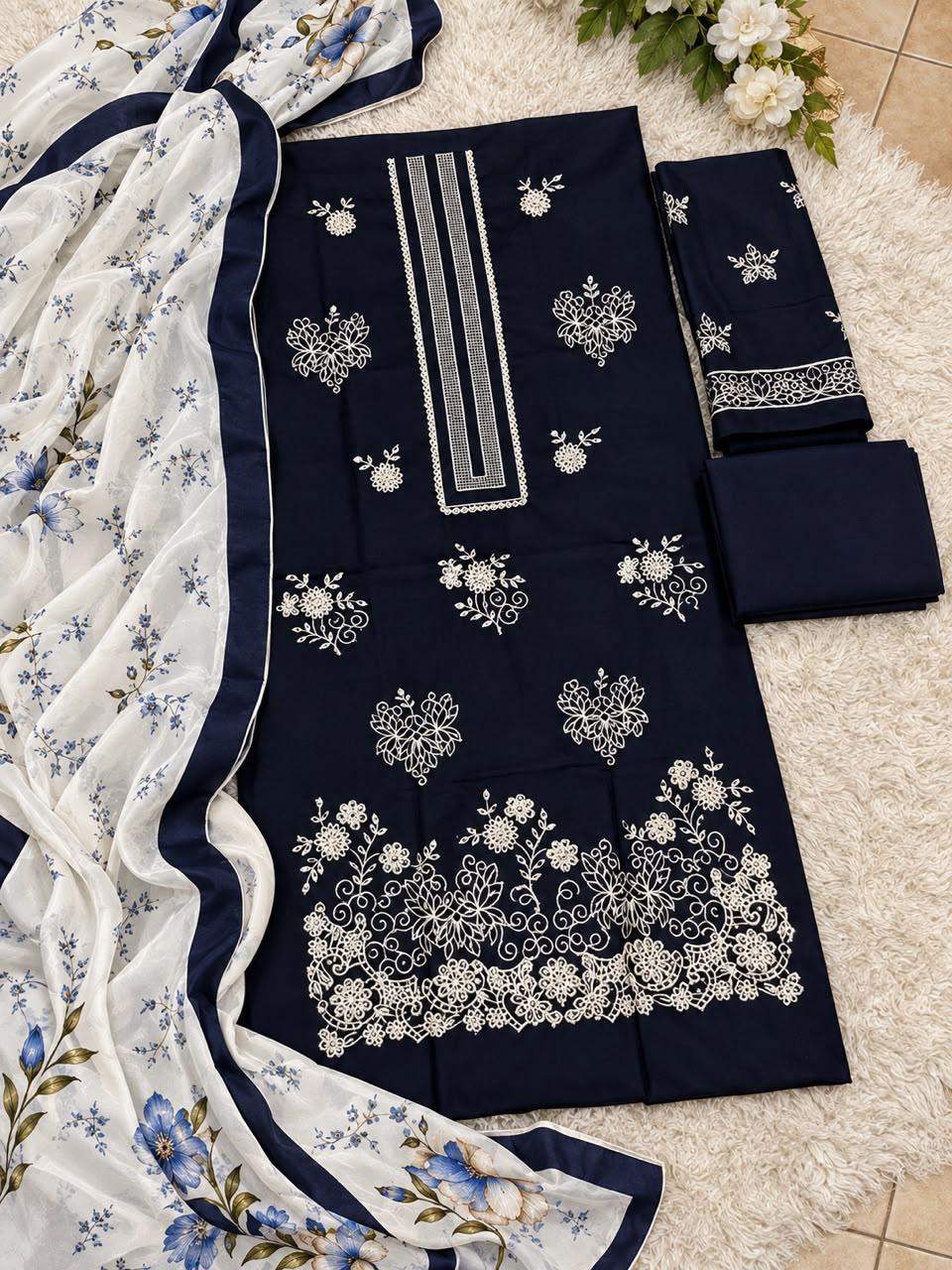Navy Blue Dhanak Embroidered 3 Piece Suit (D#218A) - Fabric Detail