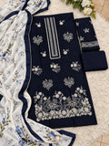 Navy Blue Dhanak Embroidered 3 Piece Suit (D#218A) - Fabric Detail