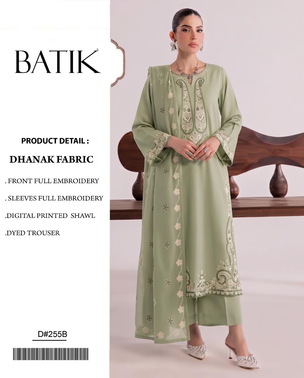 Sage Green Dhanak Embroidered 3 Piece Suit (D#255B) - Product Card