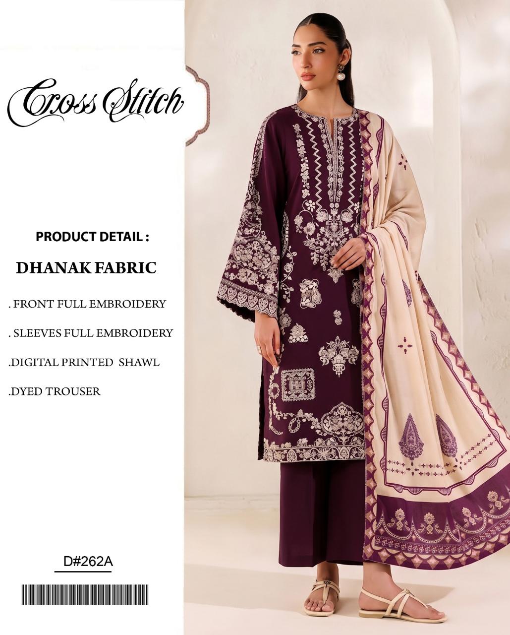 Deep Purple Dhanak Embroidered 3 Piece Suit (D#262A) - Product Card