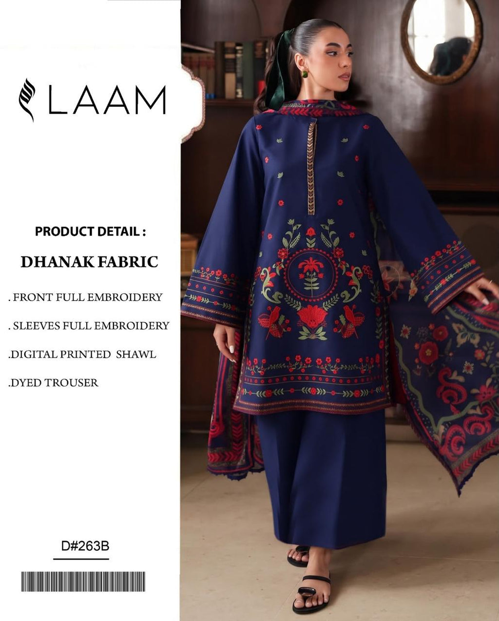 Navy Blue Dhanak Embroidered 3 Piece Suit (D#263B) - Product Card