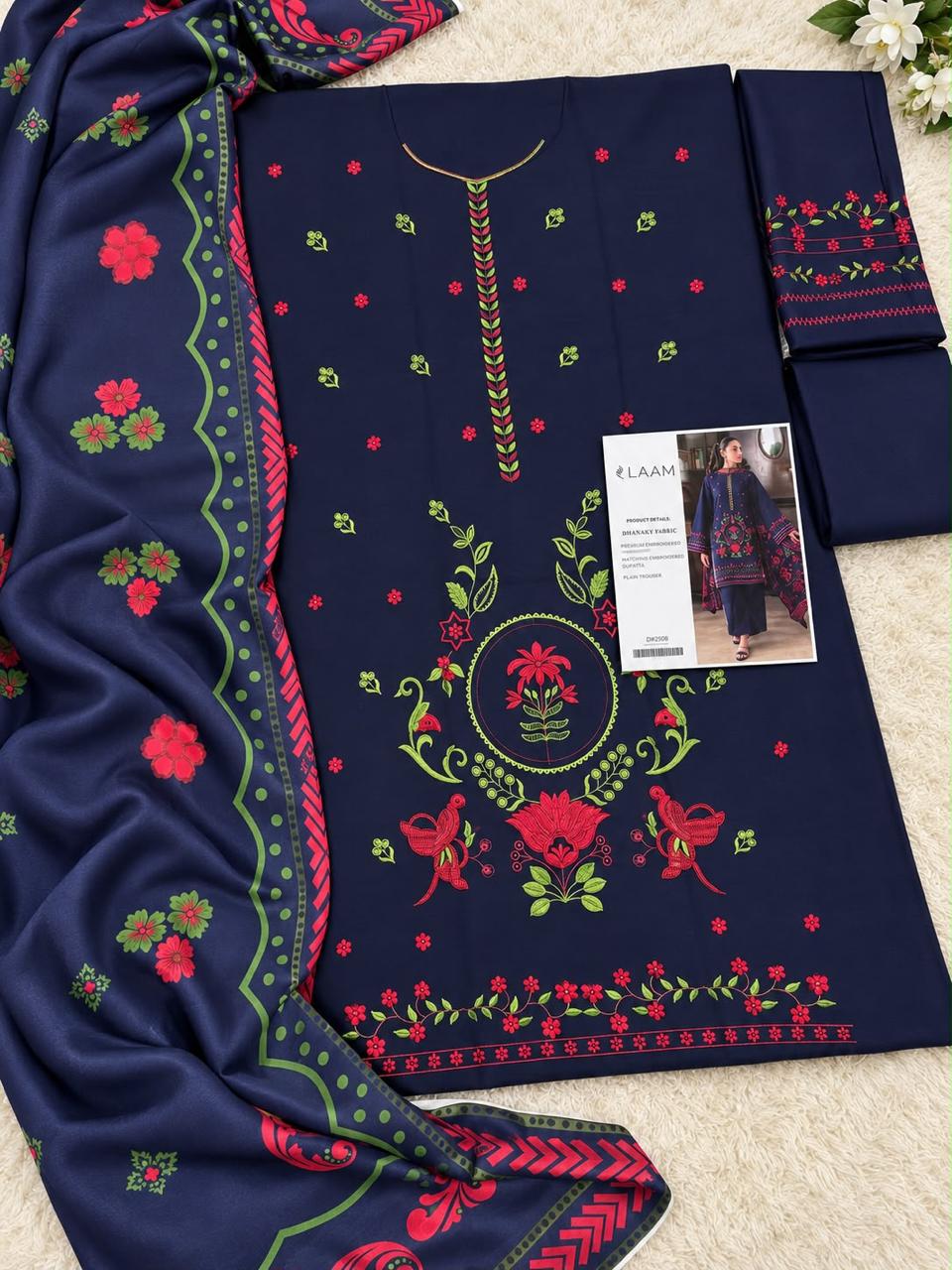 Navy Blue Dhanak Embroidered 3 Piece Suit (D#263B) - Fabric Detail