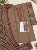 A flat-lay presentation of a women's Pakistani ethnic shalwar suit set, featuring a brown kurta with red embroidery, matching trousers, and a dupatta, displayed on a white textured background with a brand card.