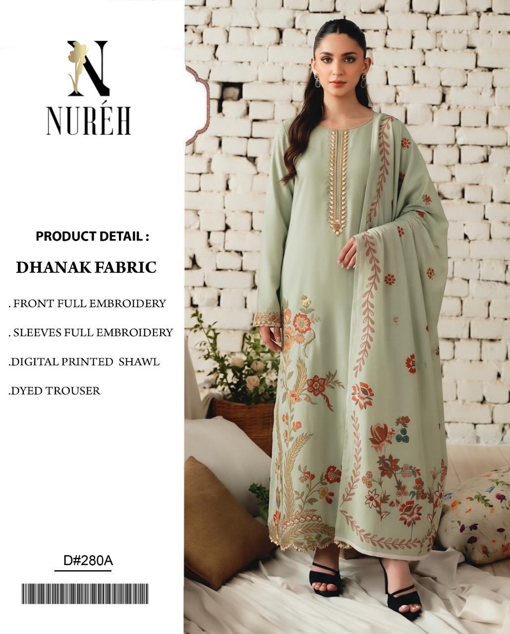 Sage Green Dhanak Embroidered 3 Piece Suit (D#280A) - Product Card