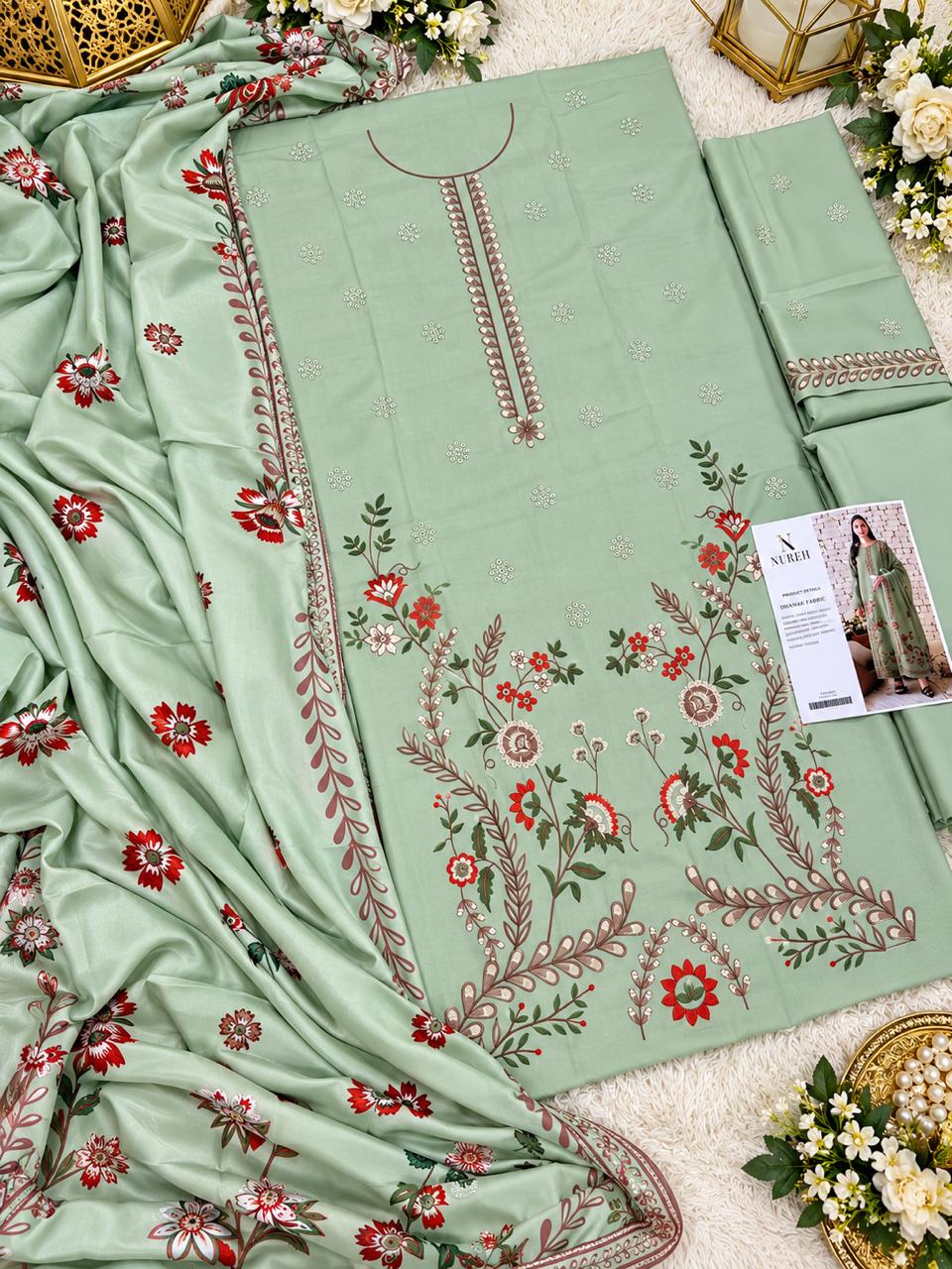 Sage Green Dhanak Embroidered 3 Piece Suit (D#280A) - Fabric Detail