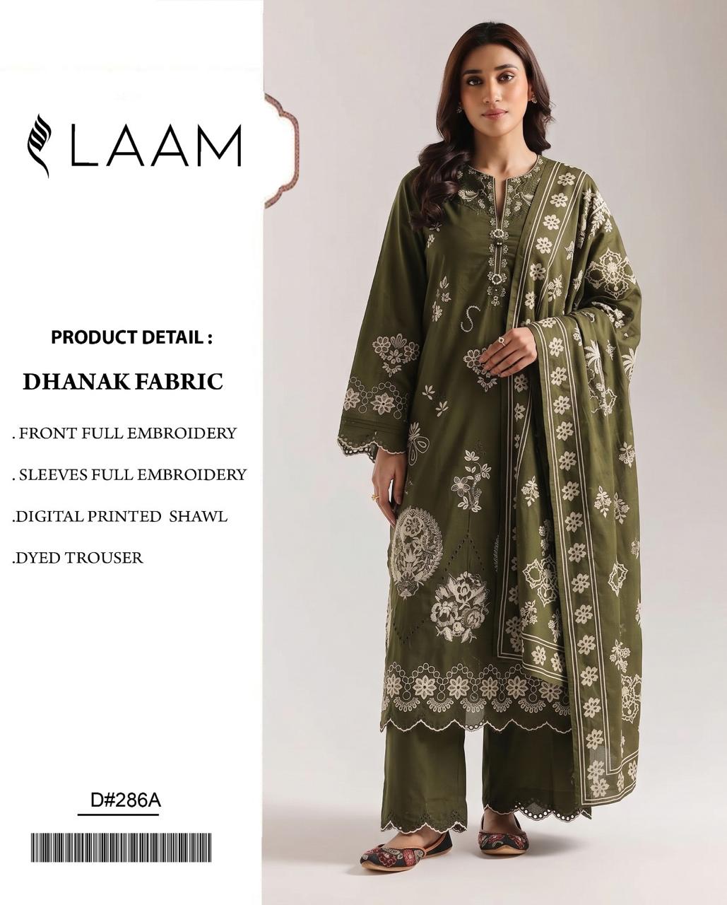 Olive Green Dhanak Embroidered 3 Piece Suit (D#286A) - Product Card