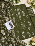 Olive Green Dhanak Embroidered 3 Piece Suit (D#286A) - Fabric Detail