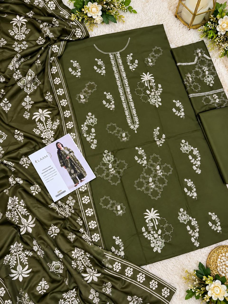 Olive Green Dhanak Embroidered 3 Piece Suit (D#286A) - Fabric Detail