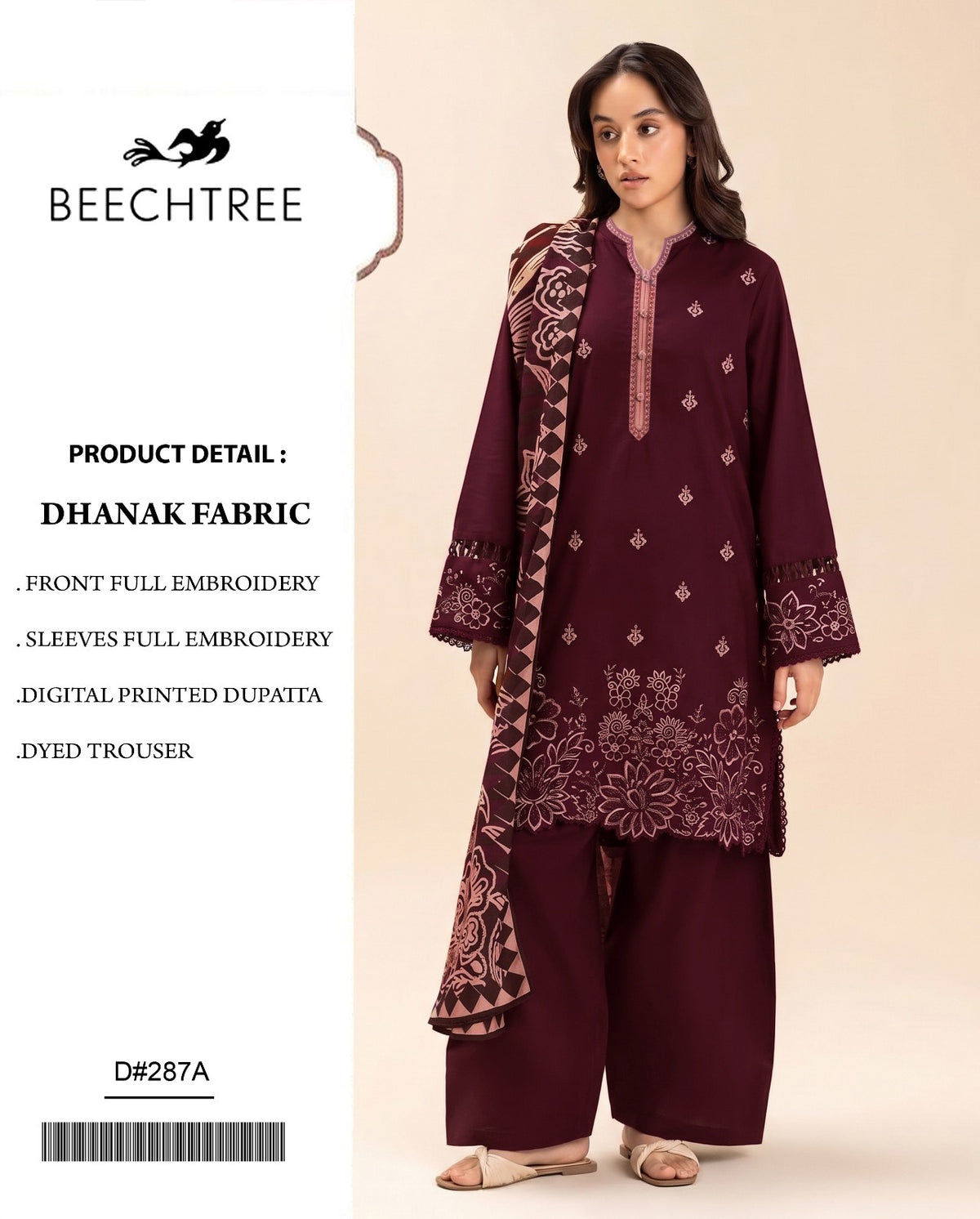 Maroon Dhanak Embroidered 3 Piece Suit (D#287A) - Product Card