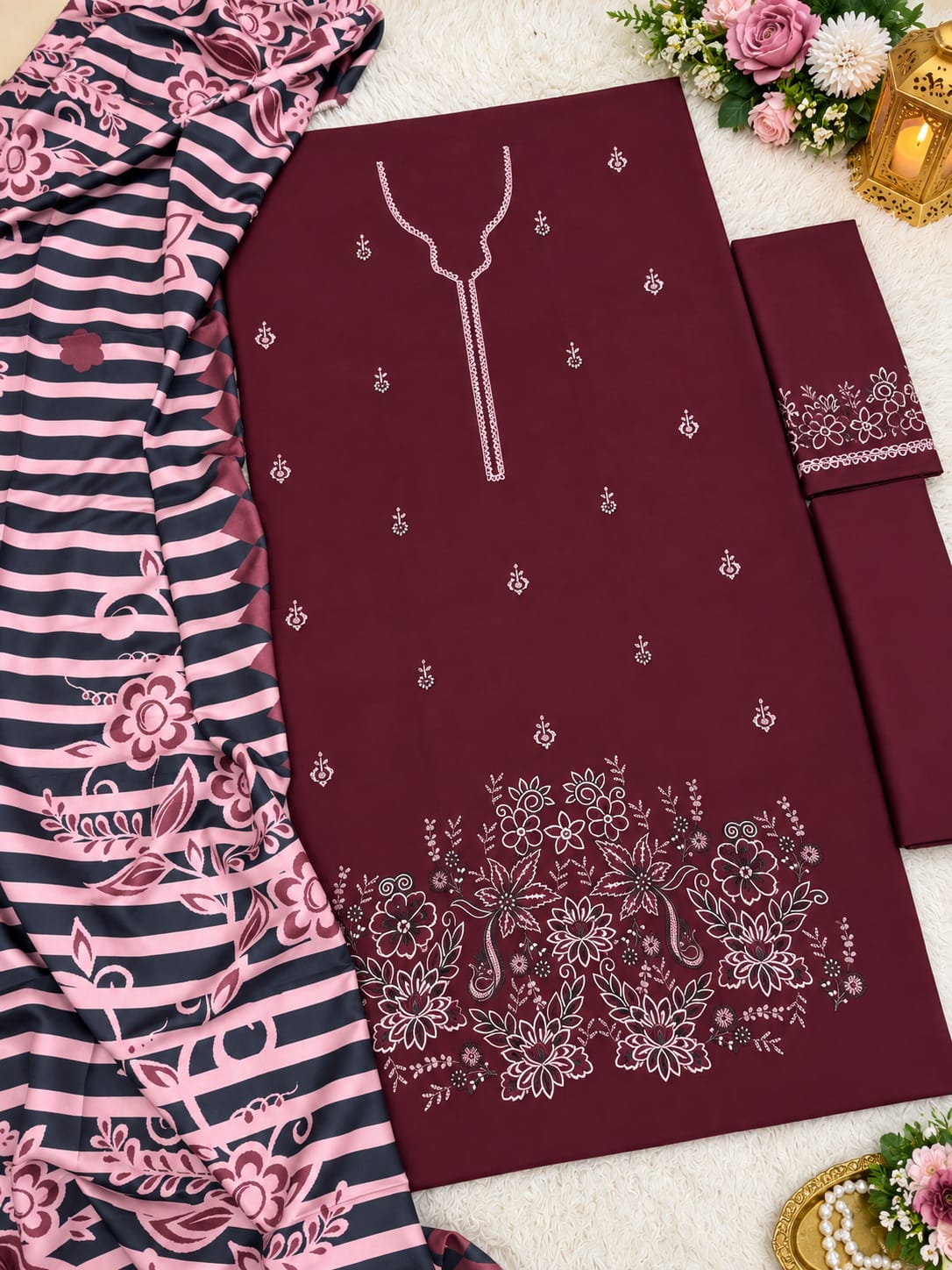 Maroon Dhanak Embroidered 3 Piece Suit (D#287A) - Fabric Detail