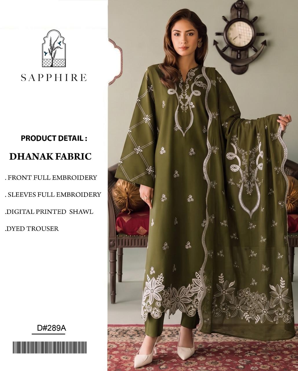 Olive Green Dhanak Embroidered 3 Piece Suit (D#289A) - Product Card