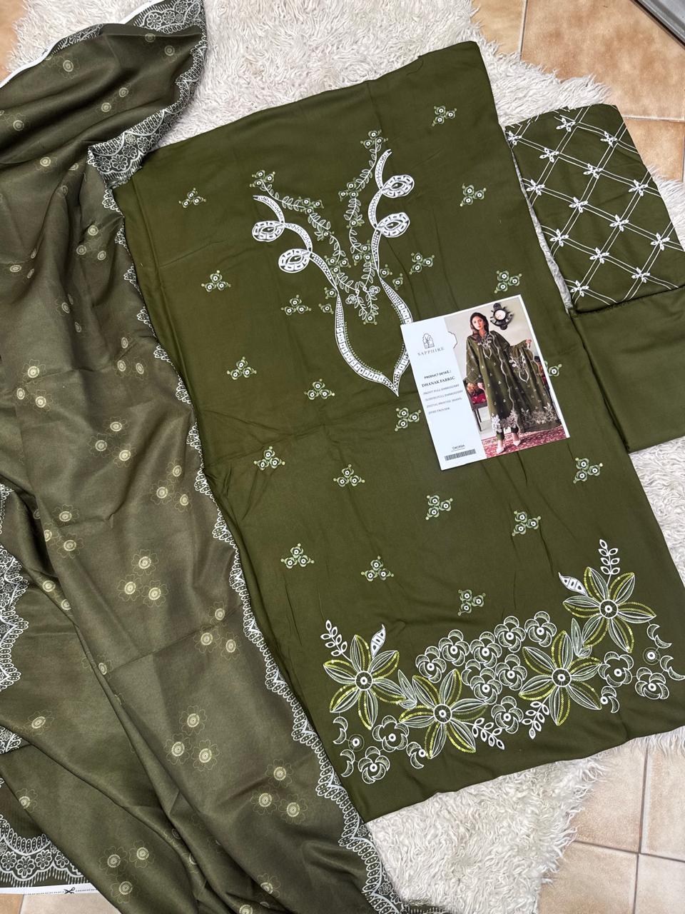 Olive Green Dhanak Embroidered 3 Piece Suit (D#289A) - Fabric Detail