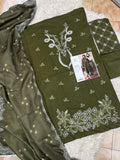Olive Green Dhanak Embroidered 3 Piece Suit (D#289A) - Fabric Detail