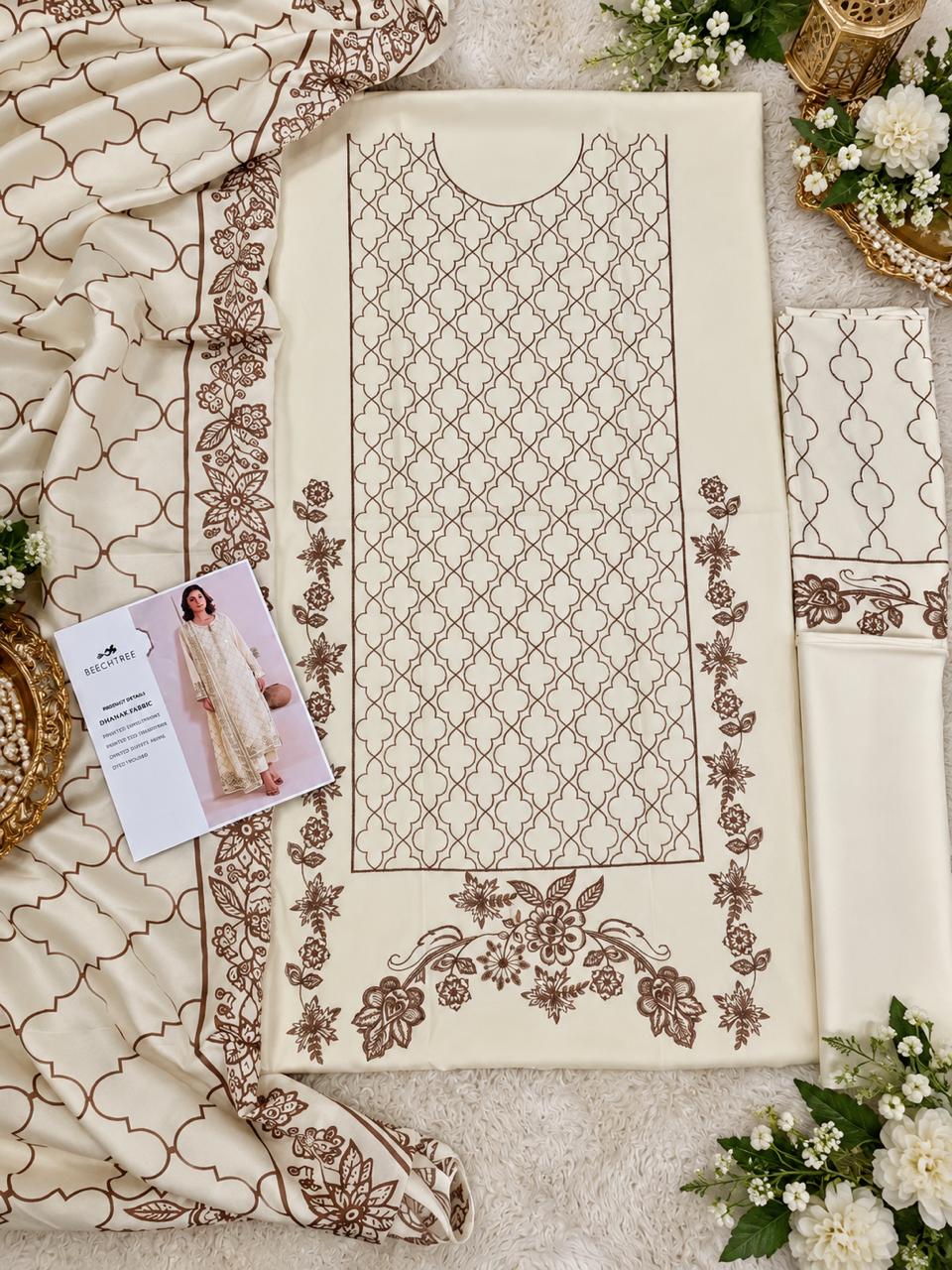Off-White Dhanak Embroidered 3 Piece Suit (D#303A) - Fabric Detail