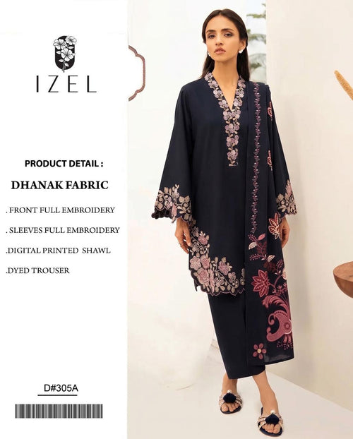 Black Dhanak Embroidered 3 Piece Suit (D#305A) - Product Card