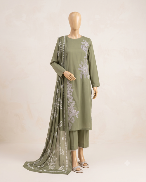 Lime Lawn Embroidred 3 piece